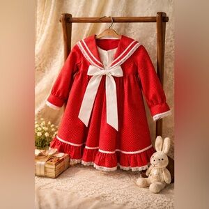Vintage Handmade Girls Red Polka Dot Sailor Dress Lace Bow 3T 4T Ruffles Holiday